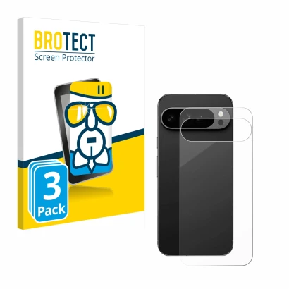 Front side of a product packaging with the brand logo BROTECT. Next to it is the device Google Pixel 9 Pro XL (Back) shown wit