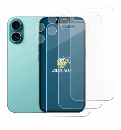 Image of the device Apple iPhone 16 (Front+Camera) with a wide variety of screen protectors.