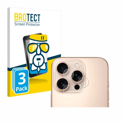 Front side of a product packaging with the brand logo BROTECT. Next to it is the device Apple iPhone 16 Pro (ONLY Camera Lens)