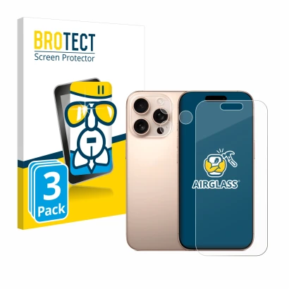 Front side of a product packaging with the brand logo BROTECT. Next to it is the device Apple iPhone 16 Pro (Front+Camera) sho