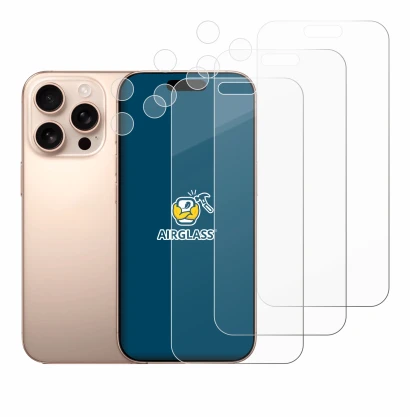 Image of the device Apple iPhone 16 Pro Max (Front+Camera) with a wide variety of screen protectors.