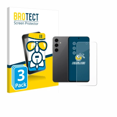 Front side of a product packaging with the brand logo BROTECT. Next to it is the device Samsung Galaxy S24 FE (Front+Camera) s