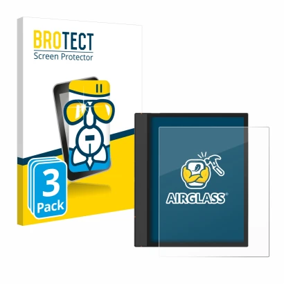 Front side of a product packaging with the brand logo BROTECT. Next to it is the device Boox Note Air 4 C shown with the corre