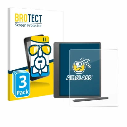 Front side of a product packaging with the brand logo BROTECT. Next to it is the device Amazon Kindle Scribe 2024 shown with t