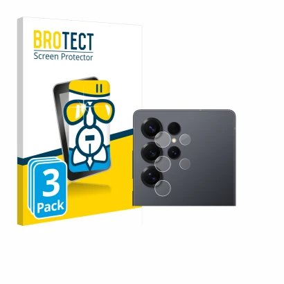 Front side of a product packaging with the brand logo BROTECT. Next to it is the device Samsung Galaxy S25 Ultra (ONLY Camera