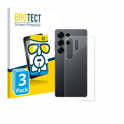 Front side of a product packaging with the brand logo BROTECT. Next to it is the device Samsung Galaxy S25 Ultra (Back) shown 