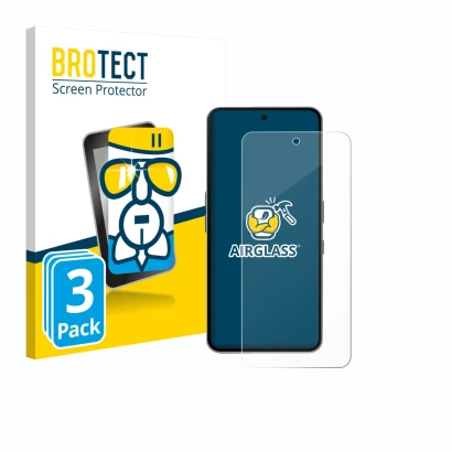 Front side of a product packaging with the brand logo BROTECT. Next to it is the device Nothing Phone (3a) Pro shown with the