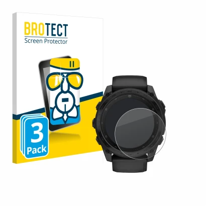 Front side of a product packaging with the brand logo BROTECT. Next to it is the device Garmin Tactix 8 AMOLED (51 mm) shown w