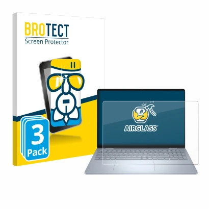 Front side of a product packaging with the brand logo BROTECT. Next to it is the device Dell 16 Plus-2-in-1 shown with the cor