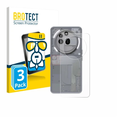 Front side of a product packaging with the brand logo BROTECT. Next to it is the device Nothing Phone (3a) Pro (Back) shown wi