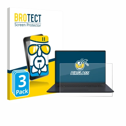 Front side of a product packaging with the brand logo BROTECT. Next to it is the device ASUS Vivobook 18 M1807 shown with the 