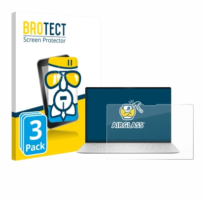 Front side of a product packaging with the brand logo BROTECT. Next to it is the device Dell XPS 13 9350 2024 shown with the c