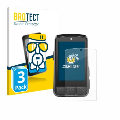 Front side of a product packaging with the brand logo BROTECT. Next to it is the device Wahoo Elemnt Bolt 3 shown with the cor