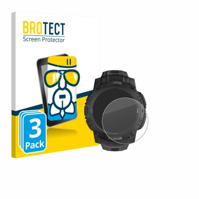 Front side of a product packaging with the brand logo BROTECT. Next to it is the device Garmin Instinct 3 Solar Tactical Editi