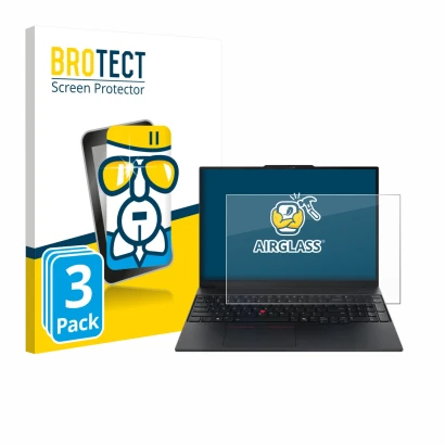 Front side of a product packaging with the brand logo BROTECT. Next to it is the device Lenovo ThinkPad E16 Gen 3 shown with t