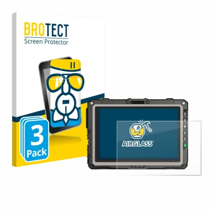Front side of a product packaging with the brand logo BROTECT. Next to it is the device Getac UX10 G3 shown with the correspon