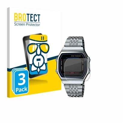 Front side of a product packaging with the brand logo BROTECT. Next to it is the device Casio iconic ABL-100WE-1A shown with t