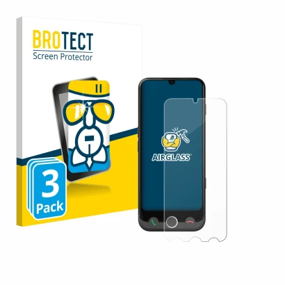 Front side of a product packaging with the brand logo BROTECT. Next to it is the device Doro Aurora A30 shown with the corresp