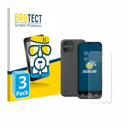 Front side of a product packaging with the brand logo BROTECT. Next to it is the device Doro Aurora A30 (Front+Camera) shown w