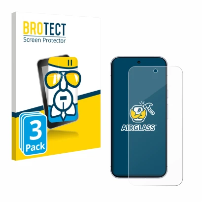 Front side of a product packaging with the brand logo BROTECT. Next to it is the device Google Pixel 10 Pro XL shown with the 
