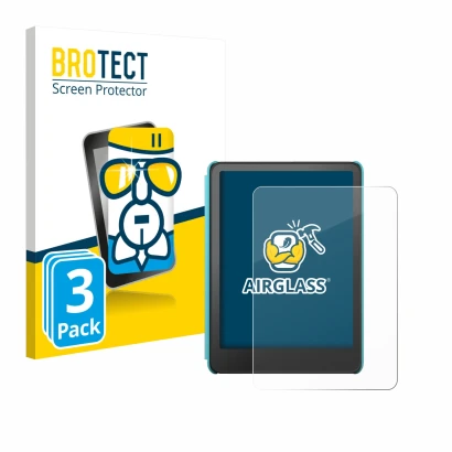 Front side of a product packaging with the brand logo BROTECT. Next to it is the device Amazon Kindle Colorsoft Kids shown wit