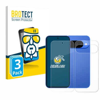 Front side of a product packaging with the brand logo BROTECT. Next to it is the device Google Pixel 10 (Front+Back) shown wit
