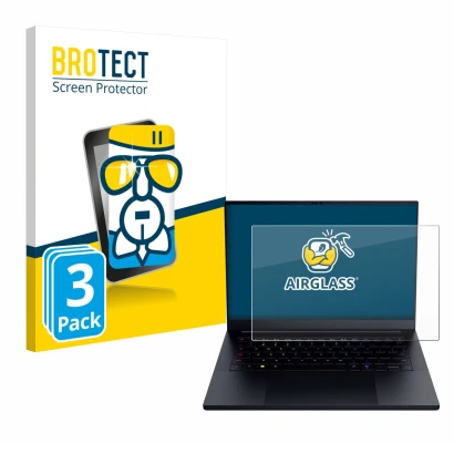 Front side of a product packaging with the brand logo BROTECT. Next to it is the device Razer Blade 14 2025 shown with the cor