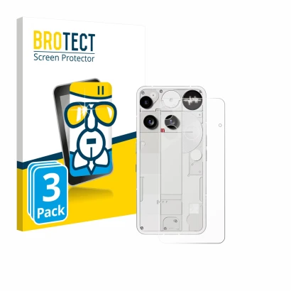 Front side of a product packaging with the brand logo BROTECT. Next to it is the device Nothing Phone (3) (Back) shown with th