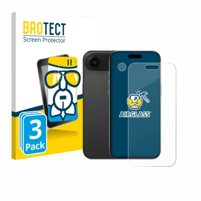 Front side of a product packaging with the brand logo BROTECT. Next to it is the device Apple iPhone Air (Front+Camera) shown 