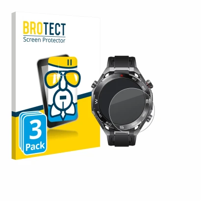 Front side of a product packaging with the brand logo BROTECT. Next to it is the device Huawei Watch Ultimate 2 Black shown wi