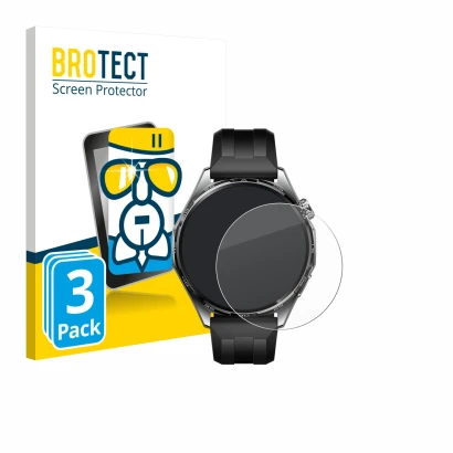 Front side of a product packaging with the brand logo BROTECT. Next to it is the device Huawei Watch GT 6 (46 mm) shown with t