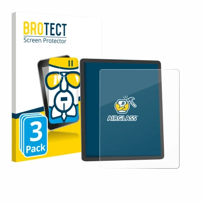 Front side of a product packaging with the brand logo BROTECT. Next to it is the device Amazon Kindle Scribe 2025 shown with t