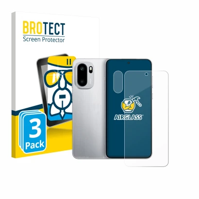 Front side of a product packaging with the brand logo BROTECT. Next to it is the device OnePlus 15R (Front+Camera) shown with