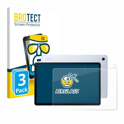 Front side of a product packaging with the brand logo BROTECT. Next to it is the device Samsung Galaxy Tab S10 FE (Front+Camer