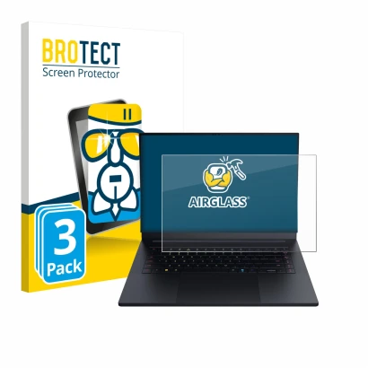 Front side of a product packaging with the brand logo BROTECT. Next to it is the device Razer Blade 16 2025 shown with the cor