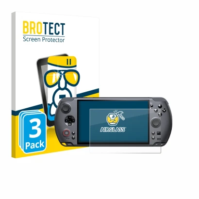 Front side of a product packaging with the brand logo BROTECT. Next to it is the device GPD Win 5 shown with the corresponding