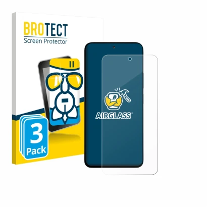 Front side of a product packaging with the brand logo BROTECT. Next to it is the device Xiaomi Poco M7 Plus shown with the cor