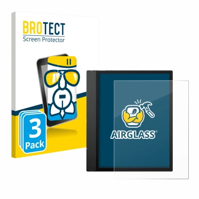 Front side of a product packaging with the brand logo BROTECT. Next to it is the device Boox Note Air 5 C shown with the corre