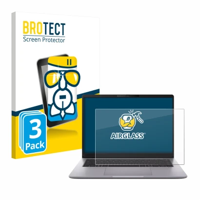 Front side of a product packaging with the brand logo BROTECT. Next to it is the device ASUS ExpertBook P3 G2 shown with the c