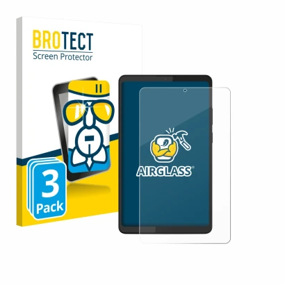 Front side of a product packaging with the brand logo BROTECT. Next to it is the device Lenovo Tab K9 shown with the correspon