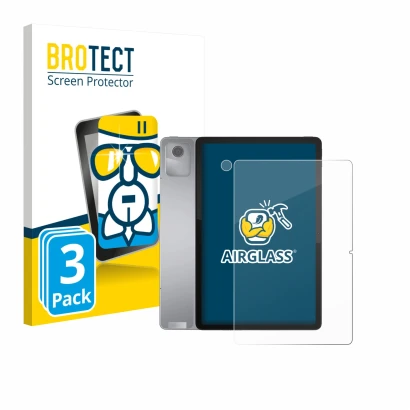 Front side of a product packaging with the brand logo BROTECT. Next to it is the device Lenovo Tab M11 (Front+Camera) shown wi