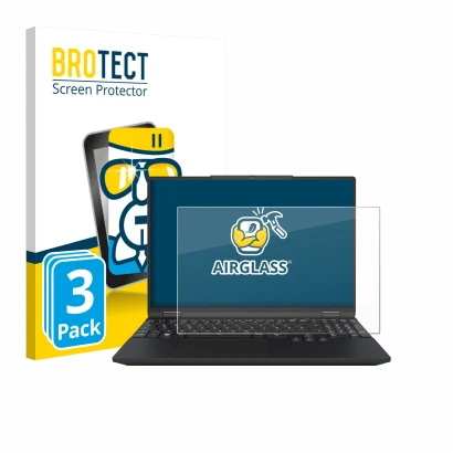 Front side of a product packaging with the brand logo BROTECT. Next to it is the device Tuxedo InfinityBook Max 15 Gen 10 show