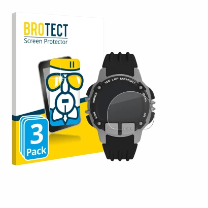 Front side of a product packaging with the brand logo BROTECT. Next to it is the device Timex Ironman TW5M63200 shown with the
