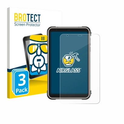 Front side of a product packaging with the brand logo BROTECT. Next to it is the device Ulefone RugKing Pad Pro shown with the