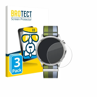 Front side of a product packaging with the brand logo BROTECT. Next to it is the device Oppo Watch S shown with the correspond