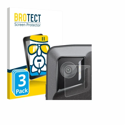 Front side of a product packaging with the brand logo BROTECT. Next to it is the device Crosscall Stellar M6E (ONLY Camera Len