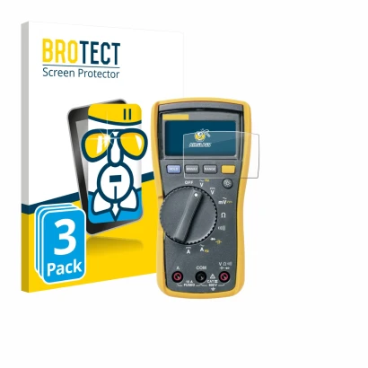 Front side of a product packaging with the brand logo BROTECT. Next to it is the device Fluke MultiMeter 113 shown with the co