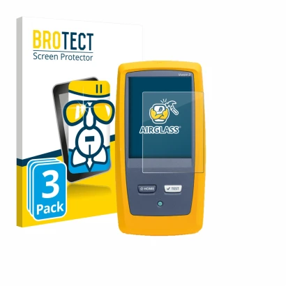 Front side of a product packaging with the brand logo BROTECT. Next to it is the device Fluke DSX8000 shown with the correspon