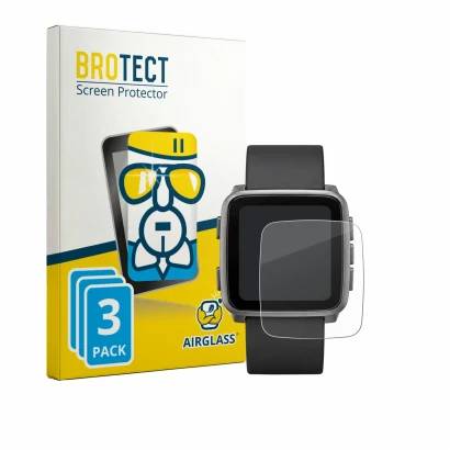 Front side of a product packaging with the brand logo BROTECT. Next to it is the device Pebble Time 2 2026 shown with the corr