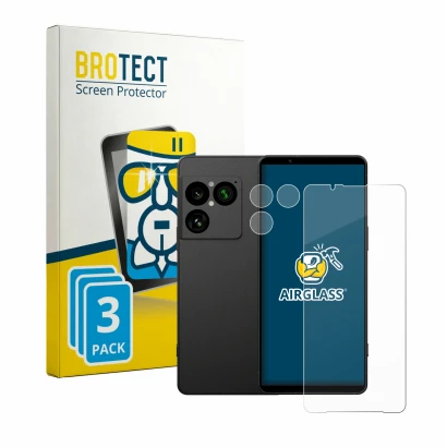 Front side of a product packaging with the brand logo BROTECT. Next to it is the device Sony Xperia 1 VIII (Front+Camera) show
